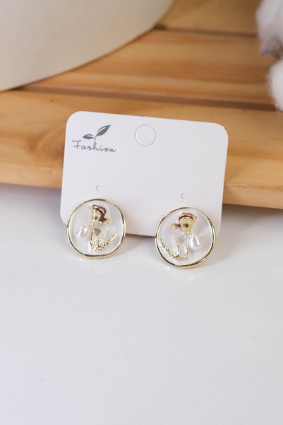 Steel Yellow Color Non-Fading Pearl and Rose Detailed Round Earrings