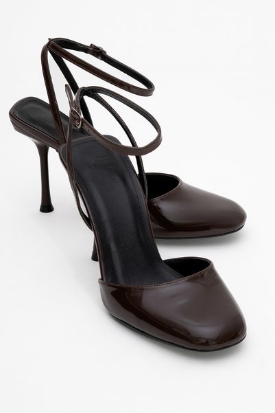 Blues Brown Patent Leather Round Toe Ankle Lace-Up Women's High Heels
