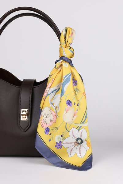YELLOW FLOWER AND BUTTERFLY PATTERNED SATIN SCARF