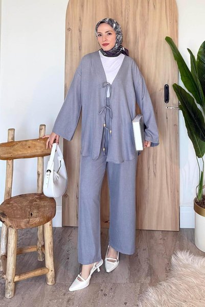 Front Double Lacing Detailed Kimono Hijab Suit Gray
