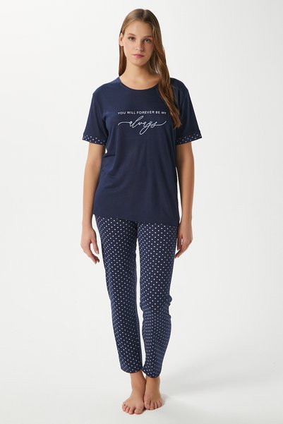 Women's Always Viscose Crew Neck Short Sleeve Navy Blue Bottom Top Pajama Set