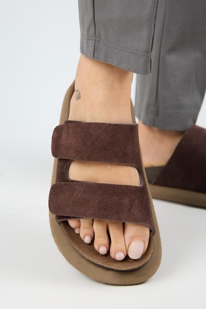 Lillo Women's Genuine Leather Double Velcro Light Brown Slippers