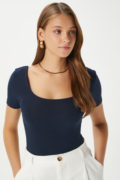 Women Favor Lux Touch Soft Texture U-Neck Navy Blue Blouse