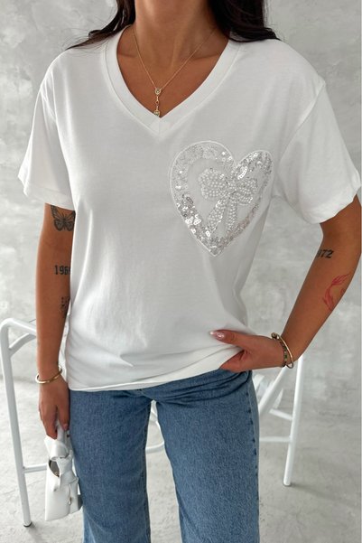 Women's White V-Neck Beads and Sequins Embroidered Ribbon Pattern 100% Cotton T-Shirt