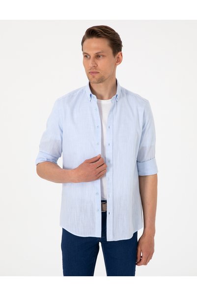 Light Blue Linen Look Slim Fit Long Sleeve Shirt 50307025-Vr003