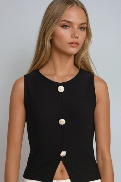 Women's Black Crew Neck Gold Button Detailed Ottoban Blouse Alc-X14054
