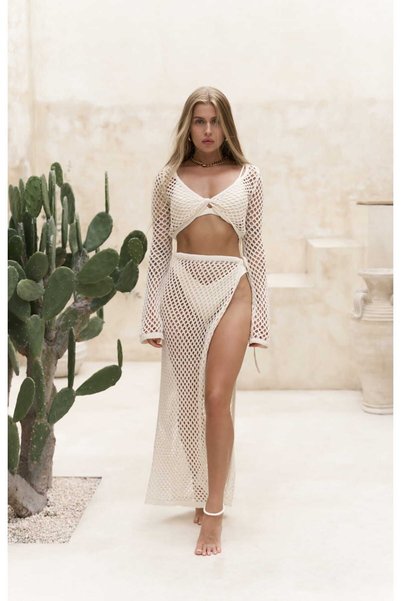 Rubina Beige Knitwear Crop-Skirt Set