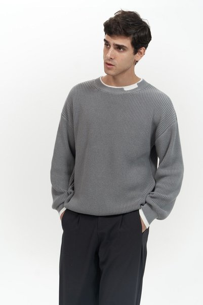 Carter Double Collar Detailed Gray Men's Knitwear Sweater