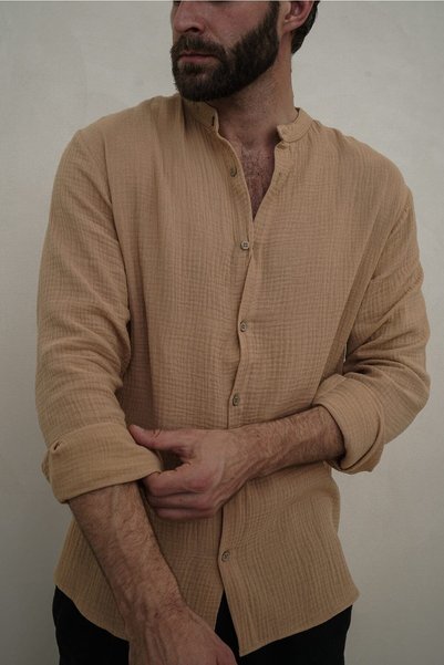 Owen Men's Oversize Judge Collar Caramel Muslin Shirt