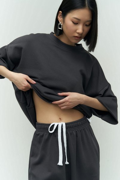 Mcllctn Lion Anthracite Oversize T-Shirt Ripped Tracksuit Set