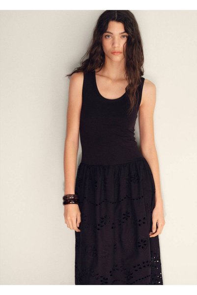 Cotton Dress, with Perforated Embroidery