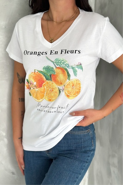 Women's White V-Neck Orange Sequin Sequin Embroidered 100% Cotton T-Shirt