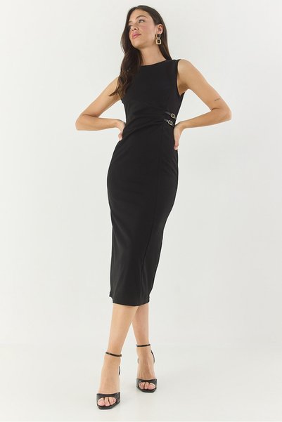 Women's Black Belt Accessory Midi Length Crepe Pencil Dress 2052 60283316