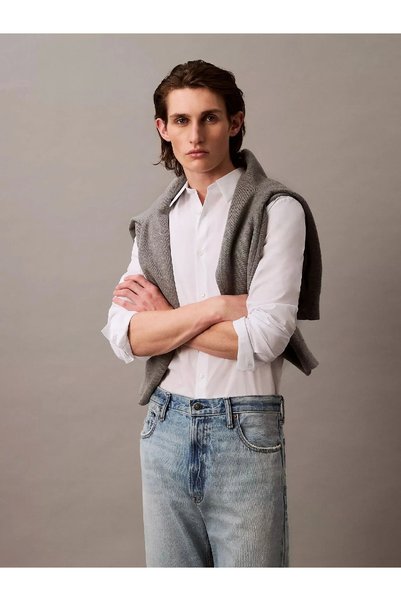 Men's Brand Logo Shirt Collar Full Button White Shirt
