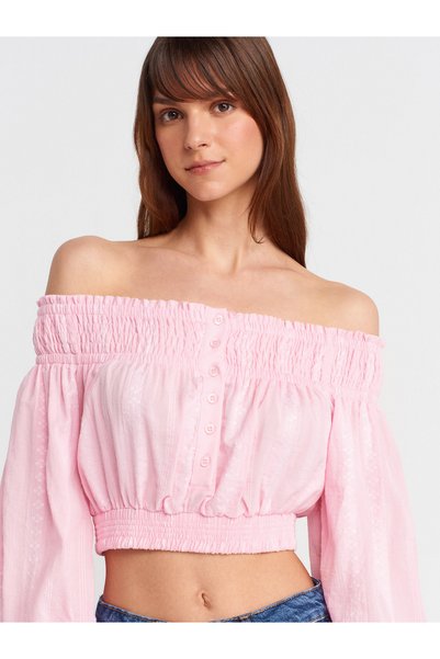 50258 Off-The-Shoulder Buttoned Top-Light Pink