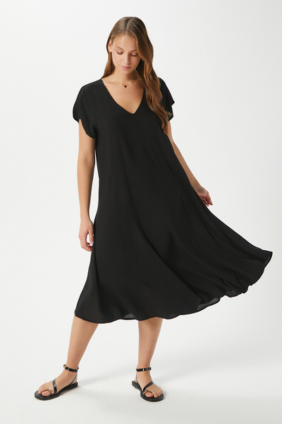 Women's Luisa Black Midi Length Bell Cut Viscose Dress