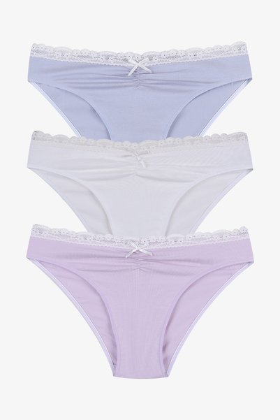 Women's Front Waist Lace Gathered and Bow Detailed Elastic Panties 3-Piece