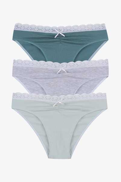 Women's Front Waist Lace Gathered and Bow Detailed Elastic Panties 3-Piece