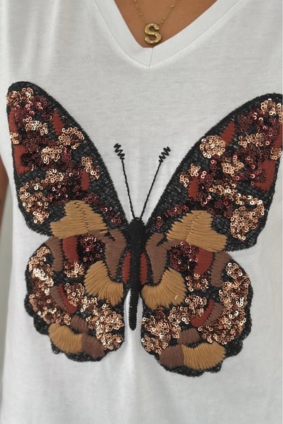 Women's White V-Neck Butterfly Pattern Sequin and Embroidery Embroidered 100% Cotton T-Shirt