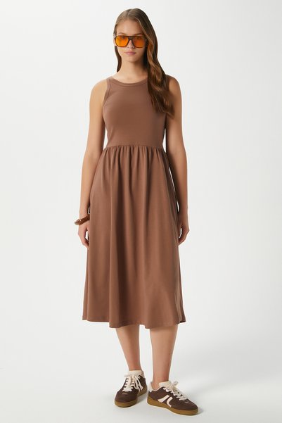 Women's Della Flared Brown Combed Cotton Dress