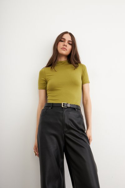 Women's Oil Green Short Sleeve Blouse