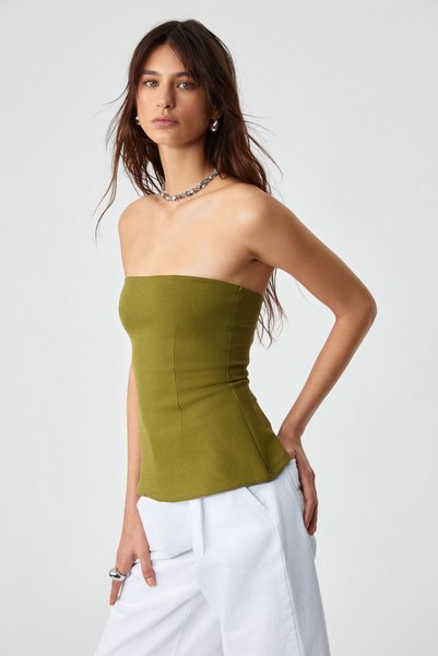 Oriana Women's Slim Fit Strapless Green Blouse