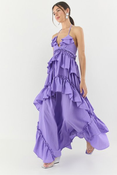 Women's Lilac Premium Halter Neckline Hellenistic Layered Strap Long Dress 242-6020 60283320