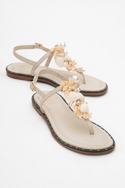 Joe Beige Sea Shell Genuine Leather Flip Flops Women's Sandals