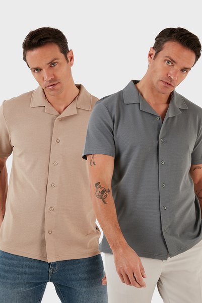 Cotton Regular Fit Short Sleeve 2'Li Package Shirt Men's Shirt 5902640S2