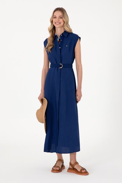 Women's Navy Blue Midi Length Woven Dress 50299167-Vr033