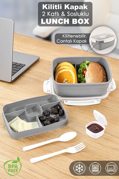 2 Layer Locked Lid Food Container - Compartmented Lunch Box Diet Nutrition Box Sauce Bowl Fork Spoon Gray