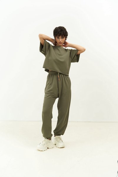 Vero Soft Khaki Crop Tracksuit Set