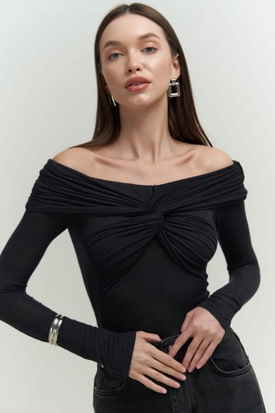 Vanni Cross Detail Black Long Sleeve Blouse