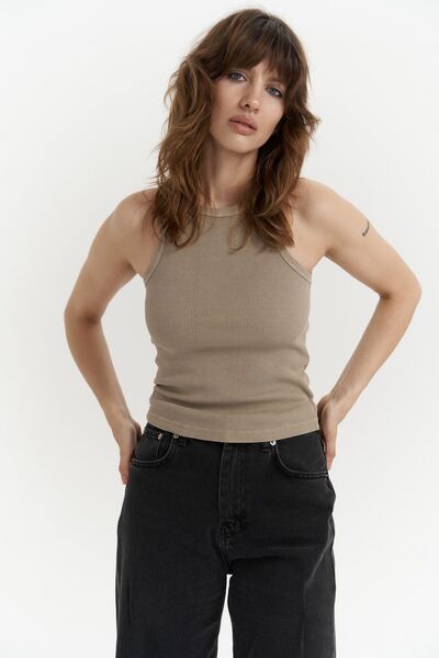 Bone Khaki Washed Ribbed Crop