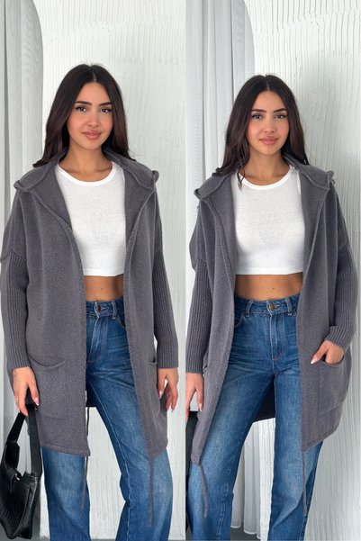 Women's Smoked Bat Sleeve Double Pocket Hooded Loose Flowy Loose Oversize Standard Size Knitwear Cardigan