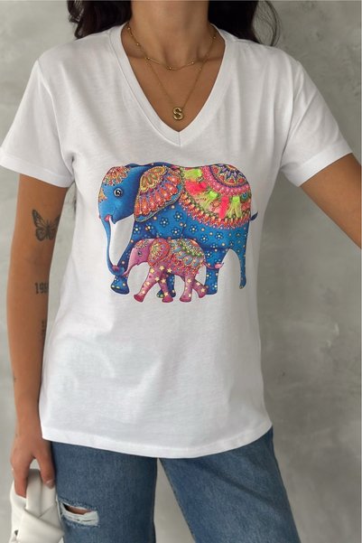 Women's White V-Neck Elephant Pattern Sequin Embroidered 100% Cotton T-Shirt