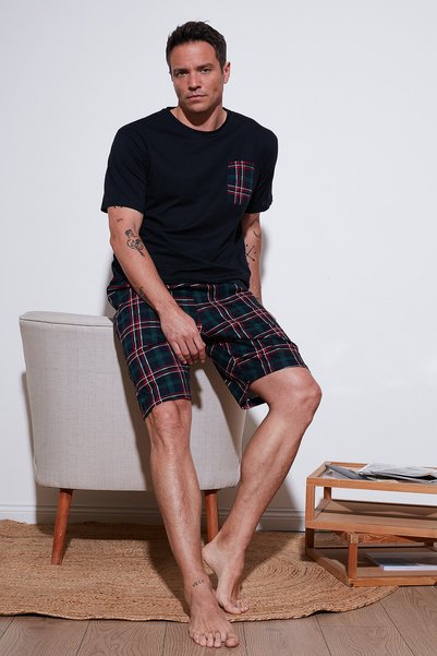 Checkered Regular Fit Cotton Crew Neck Short Sleeve Shorts Pajama Set Men's Pajama Set
