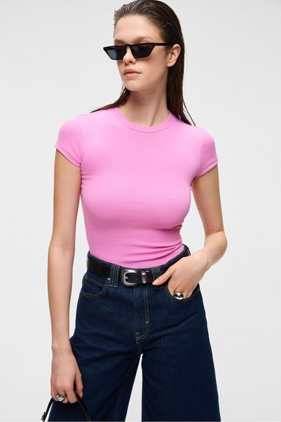 Hopewell Women's Round Neck Knitted Slim Fit Pink T-Shirt