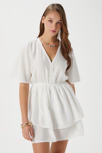 Women's Devin Ecru Elastic Waist Layered Midi Dress