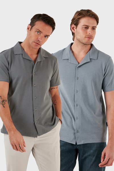 Cotton Regular Fit Short Sleeve 2'Li Package Shirt Men's Shirt 5902640S2