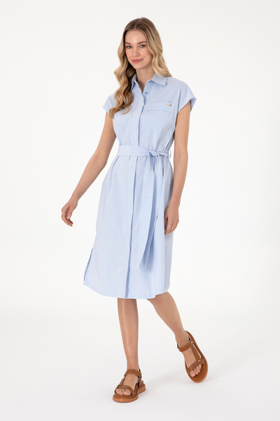 Women's Blue Striped Midi Length Woven Dress 50306594-VR036