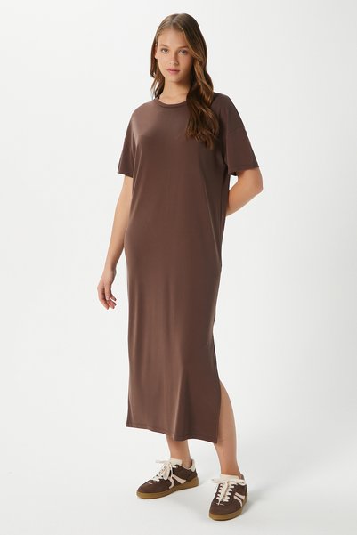 Women's Modal Daily Comfort Brown Slit Dress 16556