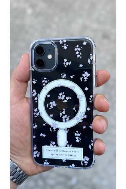 iPhone 11 Case Purple Flower Pattern Magsafe Transparent Case Shockproof Cover
