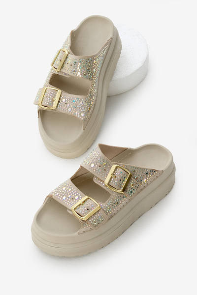 Women's Beige High Poly Sole Stone Double Banded Buckle Slippers