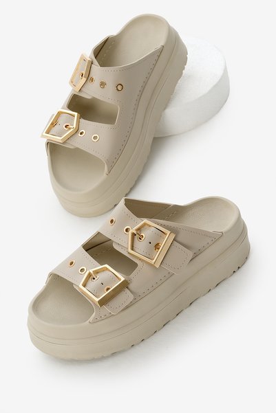 Women's Beige High Poly Sole Double Banded Buckle Slippers