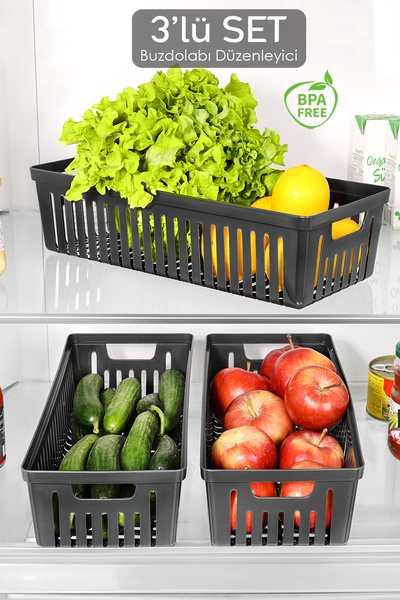 3 Pieces Refrigerator Organizer Basket - Fruit Vegetable Organizer Organizer Storage Container in the Cabinet Black