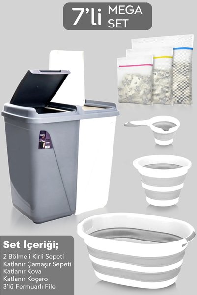 7-Piece Bathroom Set - 90 Lt Dirty Basket Foldable Laundry Basket Water Bucket Mug Washing Net