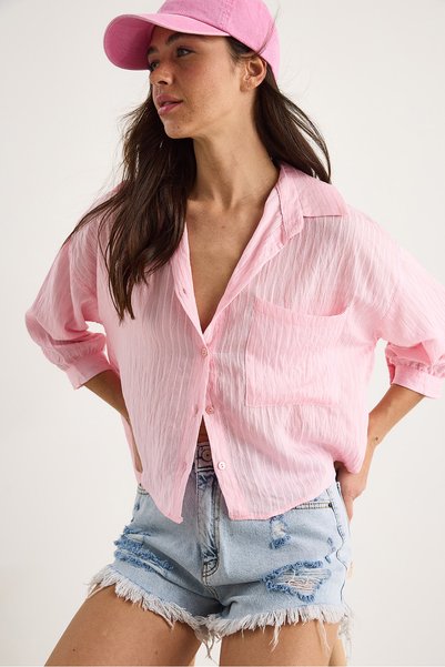 Women's Candy Pink Self-Striped Half Sleeve Single Pocket Detailed Shirt 2108 60283328