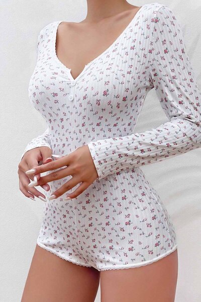 Floral Patterned Design Jumpsuit Nightgown Body