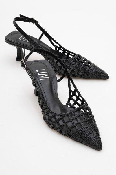 Heaven Black Knitted Open Back Women's Low Heeled Shoes